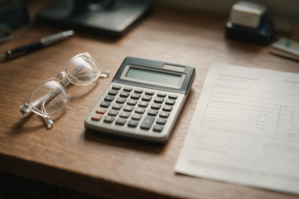 Property tax statement with calculator and glasses